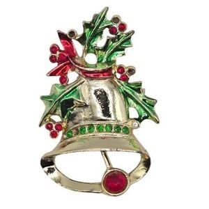 Vintage BJ Christmas Bell Brooch Pin Holly Leaf Holiday Enamel Jewelry